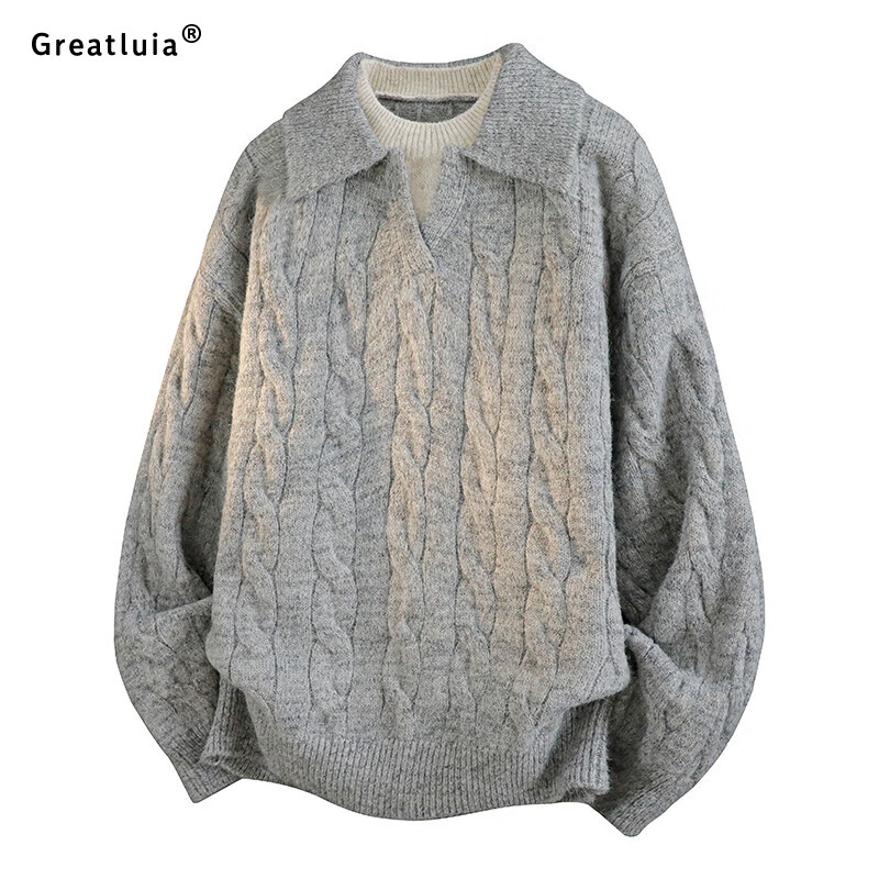GREATLUIA韩版慵懒风套头假两件麻花毛衣秋冬季新款纯色宽松简约舒适针织衫 浅灰 XL