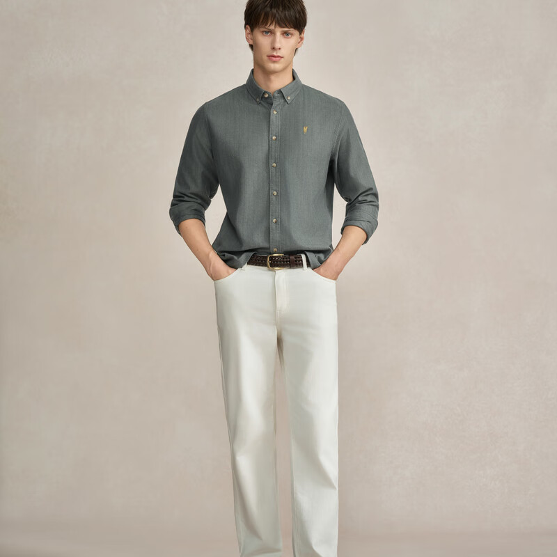 POLOWALK男装2025冬季新品男式长袖衬衫商务休闲职场男士上衣长衬 绿色 M