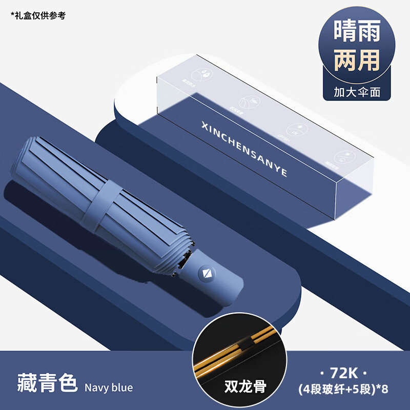 映棠德国品质全自动72骨雨伞三折黑胶防晒遮阳伞商务伞晴雨两用 72骨-藏青蓝【加固 每晴雨】自动 22.66元