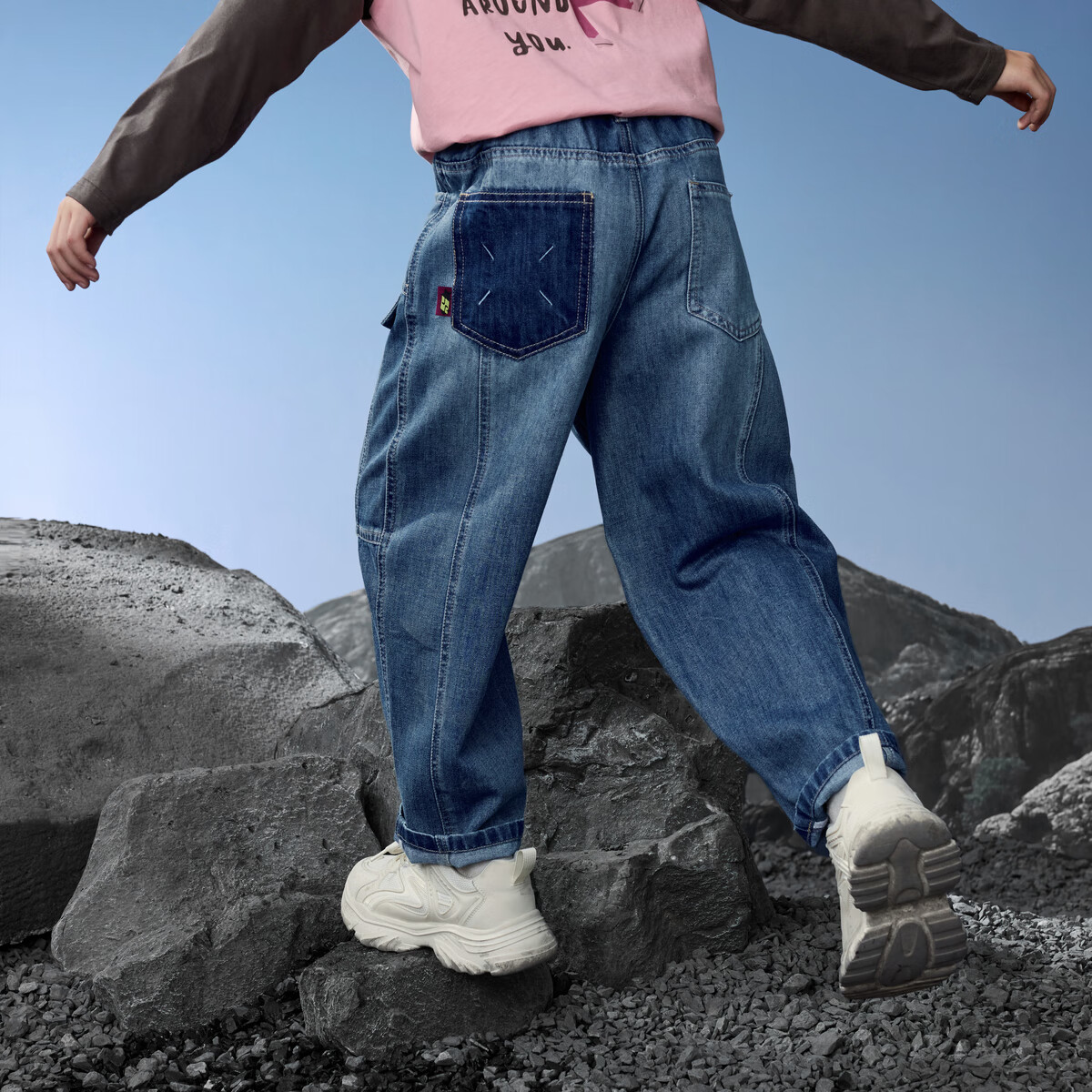 MQD男童街潮大口袋工装风牛仔裤中牛仔蓝/原牛仔色