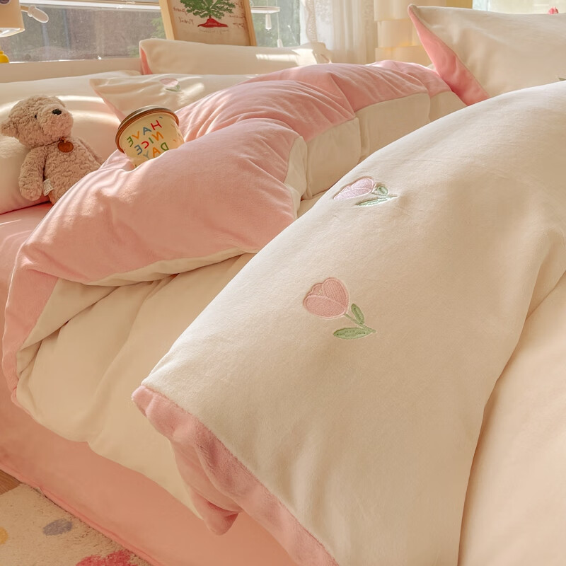 猫人（MiiOW）牛奶绒床上四件套法兰珊瑚绒被套2025新款秋冬床单加厚加绒三件套 花语【高克重牛奶绒 蓄热保暖不易掉毛】 床单款 1.5m床四件套-适合200x230cm被子