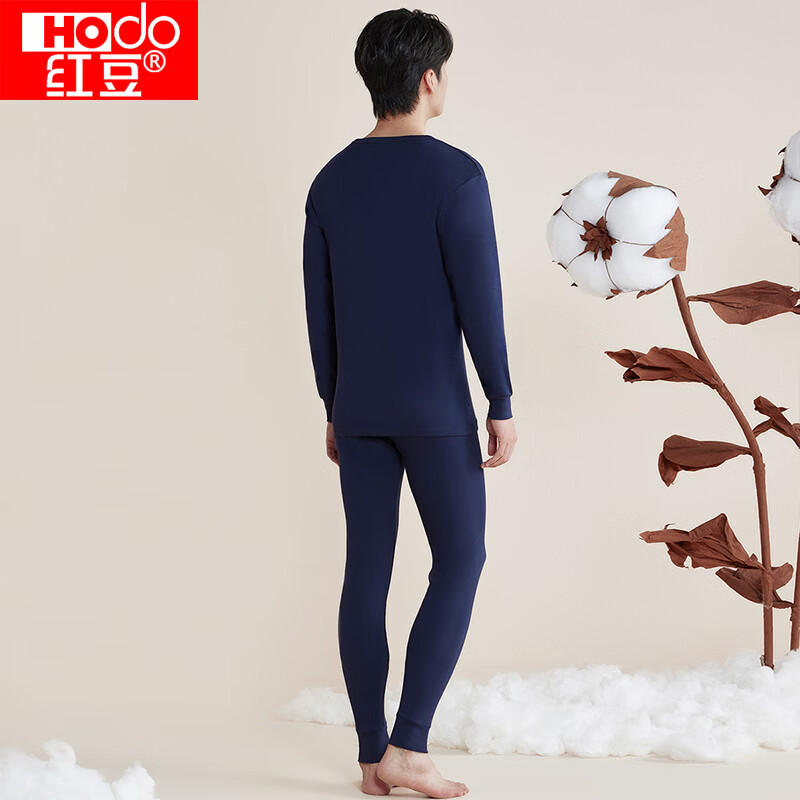 红豆(Hodo) 秋衣秋裤纯棉薄款套装 全棉圆领基础打底棉毛衫裤秋上新 男款藏青(圆领) 3XL 185/110(3XL)
