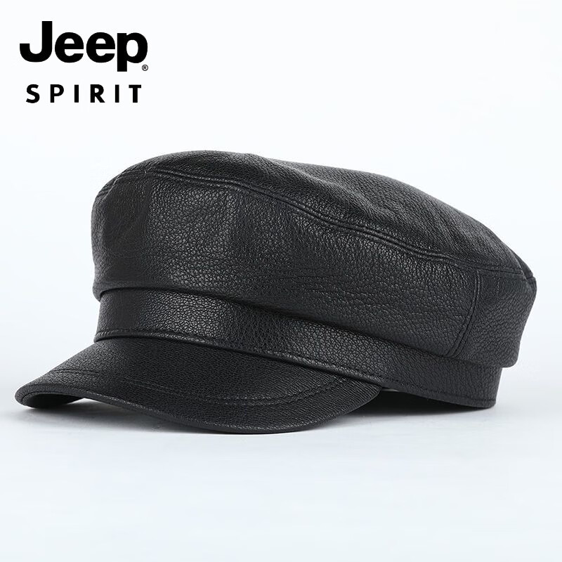 JEEP中老年解放军帽男士真皮帽子秋冬季平顶帽女韩版潮流百搭帽时尚 帽檐无线 M L【适合55-56c】