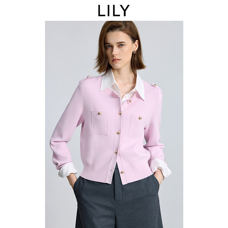 LILY2025冬新款女装气质小香风圆领通勤针织开衫外套小个子短款 120浅粉 L