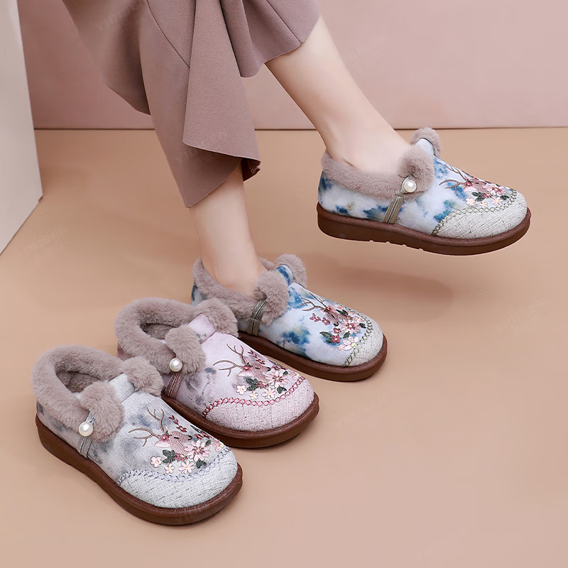 意迪森【一鹿生花】老北京布鞋加绒加厚保暖棉鞋女国风刺绣一脚蹬防滑底 灰色加绒 36 (230mm)