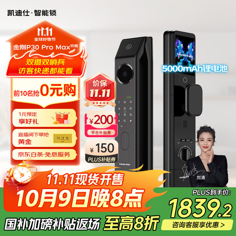 凯迪仕（kaadas）智能门锁 双摄人脸识别可视猫眼大屏指纹锁 金刚P30 Pro Max双摄