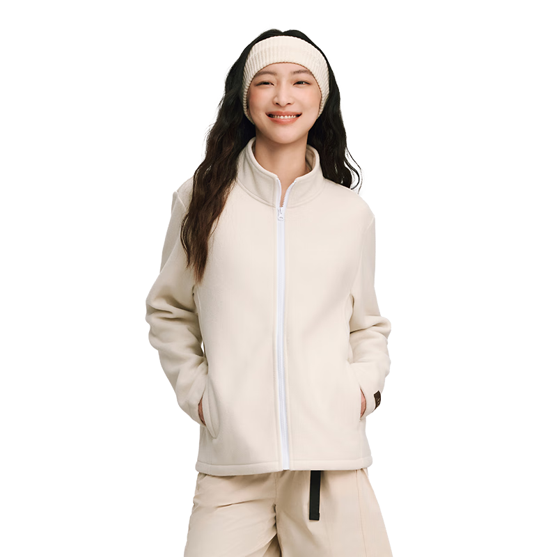 VVC外套女双面锁温摇粒绒2025冬季保暖摇粒绒开衫立领拉链上衣 云柔白 L