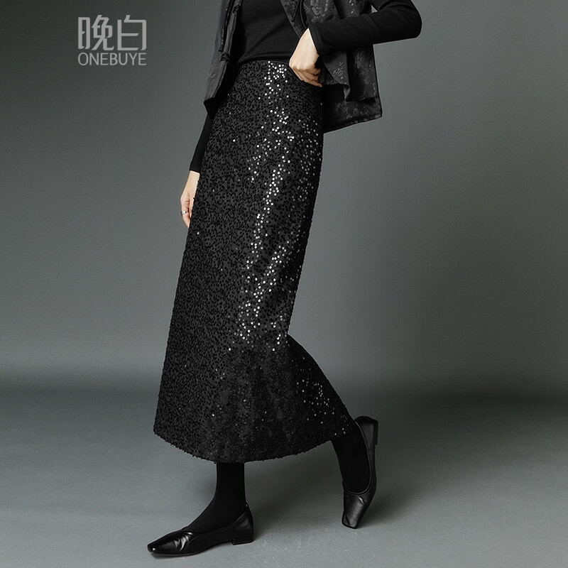 晚白【断码清仓】2026春款时尚气质裙子百搭纯色亮闪闪礼服包臀半身裙 黑色 S