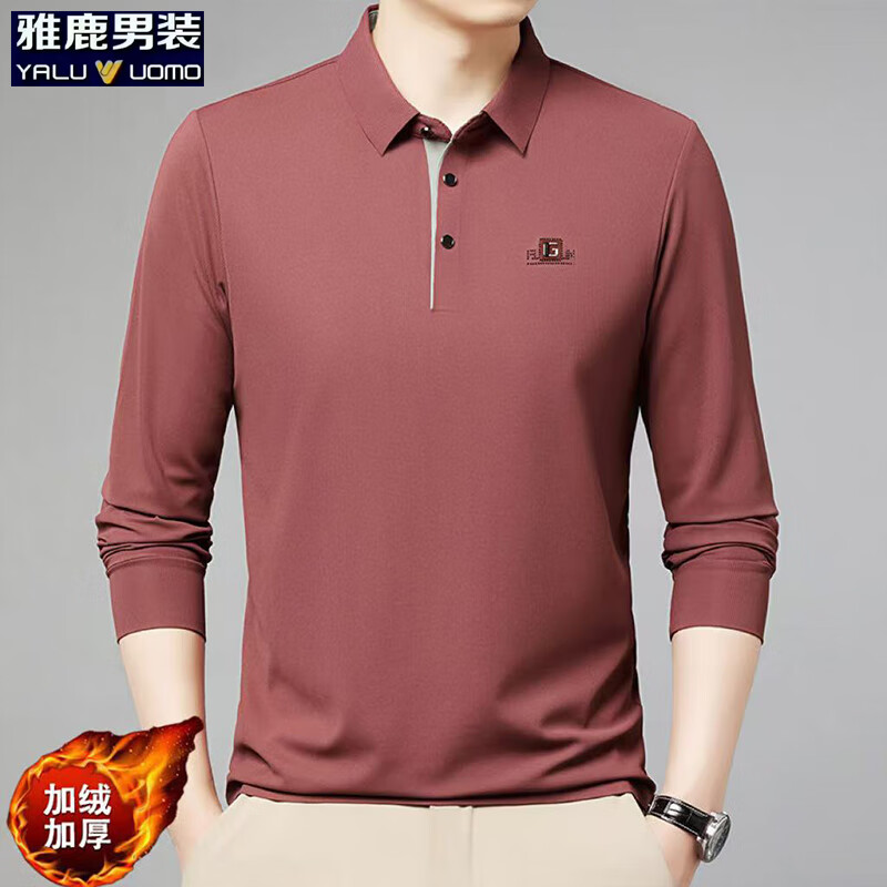 雅鹿男装加绒长袖t恤男冬季新款翻领印花宽松男士polo中老年爸爸装上衣 酒红加绒 4XL (190)(建议180-195斤)