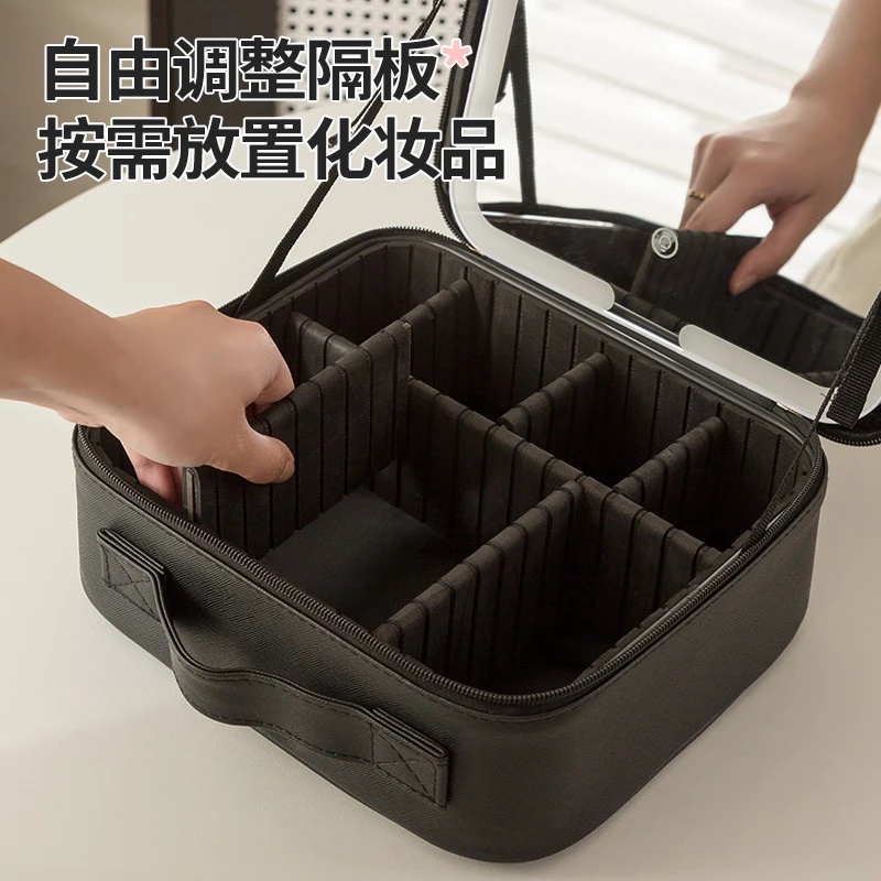 年多多化妆包女2025新款大容量旅行便携LED灯镜子化妆收纳包收纳化妆箱 樱花粉【LED三档光源镜子可拆卸】