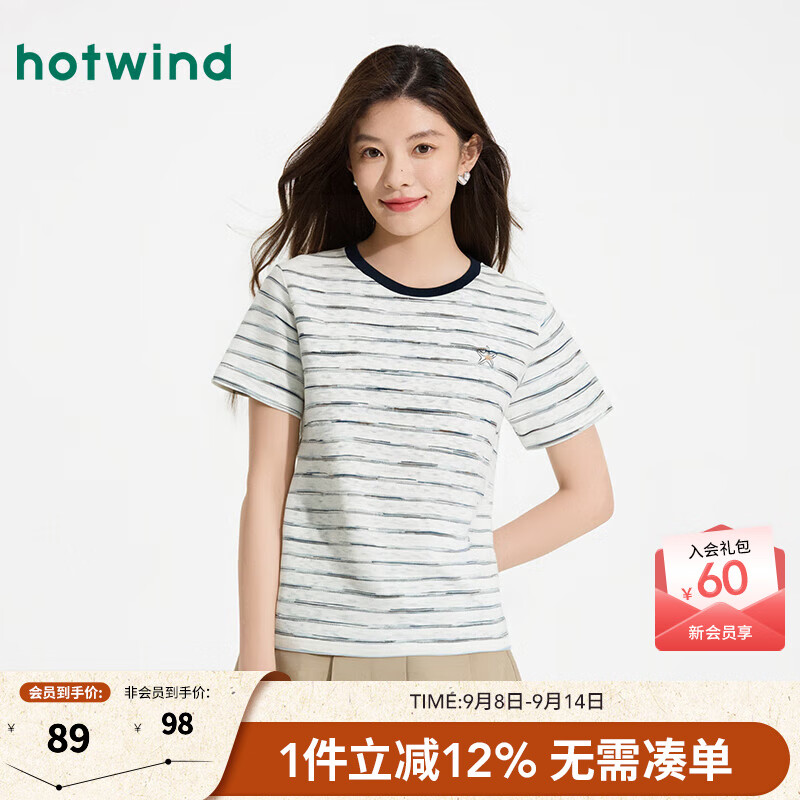 热风【商场同款】女士短袖2025年夏季新款度假风百搭条纹印花宽松T恤 22兰白 L