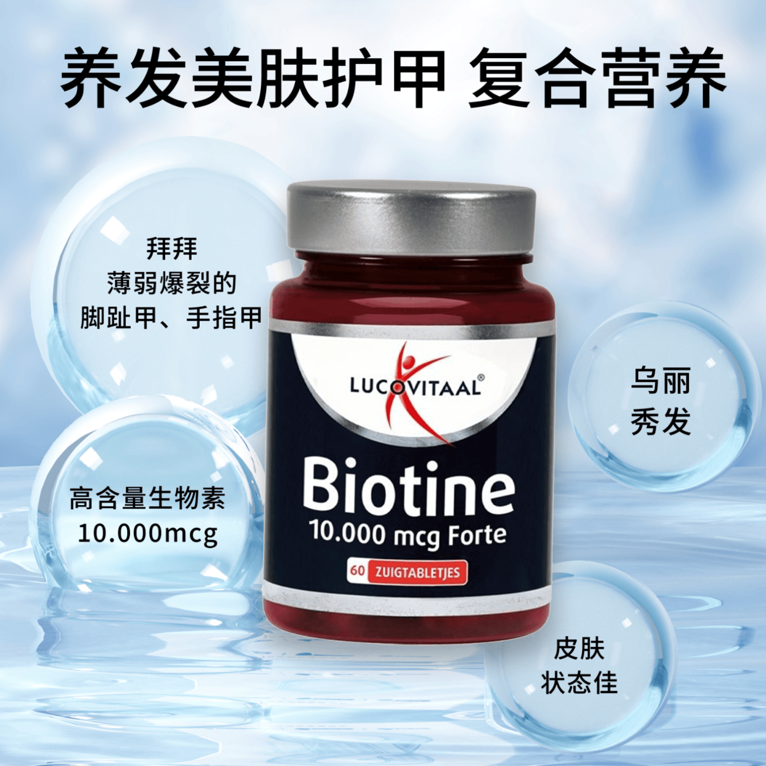 Lucovitaal生物素10000mcg 60粒/瓶 秃头生发固发防脱 染烫养护  指甲薄倒刺 60粒*1瓶