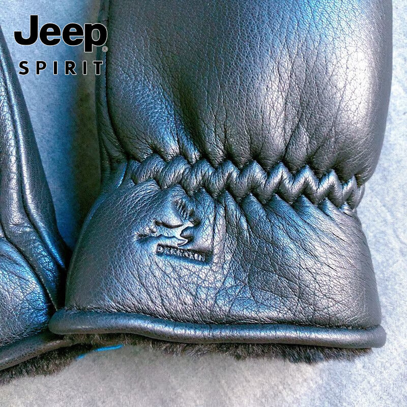 JEEP SPIRIT高端真皮手套男女士冬季保暖加厚全连指鹿皮棉手闷子骑行 男均码鹿皮手套