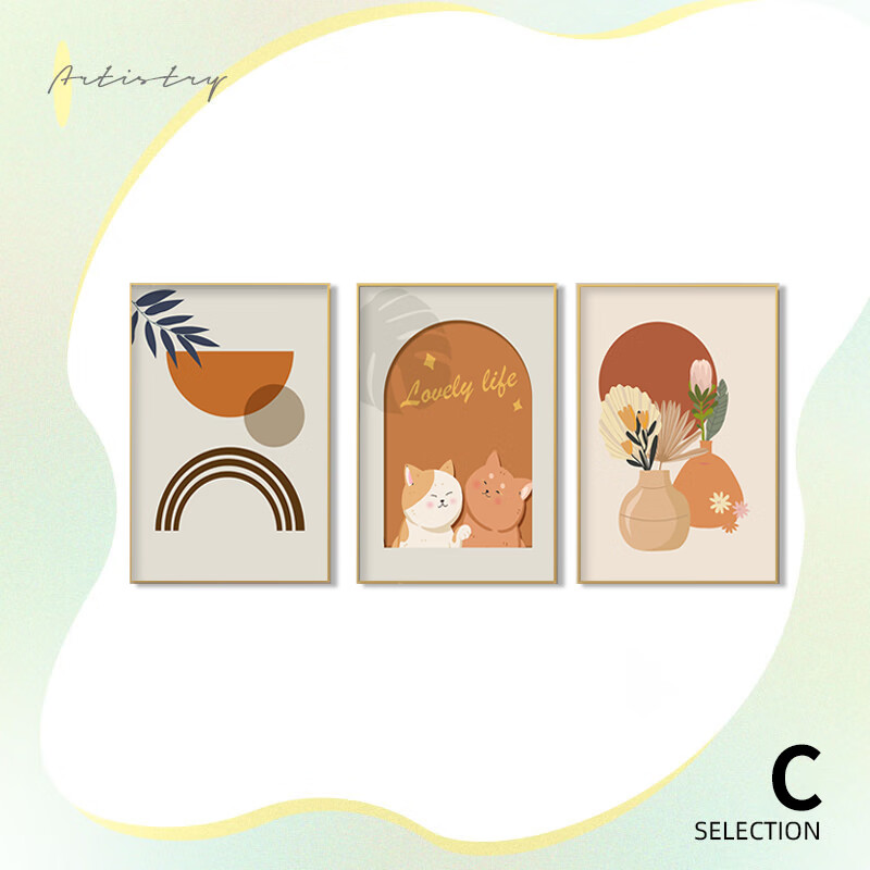 順吉祥利北歐ins客廳沙發(fā)背景墻裝飾畫(huà)小清新抽象三聯(lián)畫(huà)貓咪民宿臥室壁畫(huà) A0489 50*70/50*70/50*70(2米至2.8米沙發(fā)) 摩登黑外框【ps環(huán)保畫(huà)框】 <一套三幅>質(zhì)感油畫(huà)布