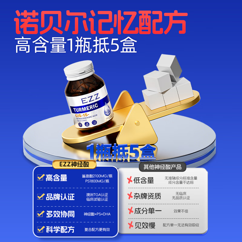 EZZ神经酸dha学生补脑青少年6-18岁脑力素增强记忆力专注力藻油 拍3发5瓶【学霸大脑 高性价比】