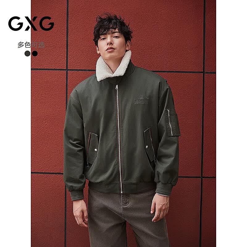 GXG男装 中廓复古仿羊毛羔领巴恩风工装夹克棉服外套 25年冬季