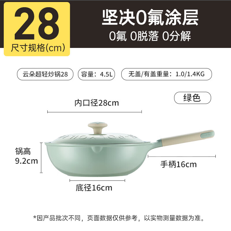 炊大皇（COOKER KING）无氟涂层不粘锅炒锅家用聚油不沾锅燃气电磁炉用钛锅炒菜锅 绿色 带锅盖 0涂层超轻 有 28cm