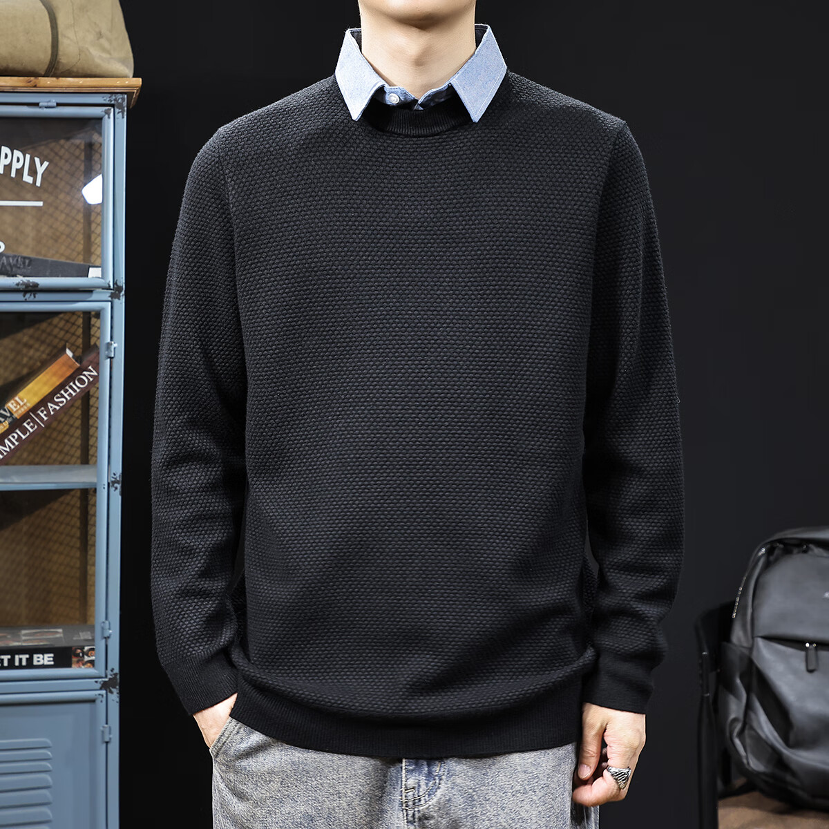 新百伦毛衣男士秋冬季内搭假两件针织衫保暖舒适毛线衣男装 黑色 常规 XL 码【建议130-145斤】