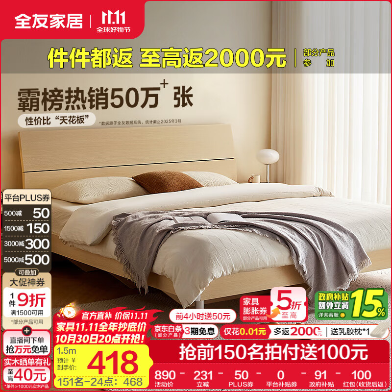 全友家居现代简约高箱储物收纳床主卧1.8米x2米双人大床家具政府补贴 【原木色 | 高脚】单床 1.5x2米【爆款+性价比超高】