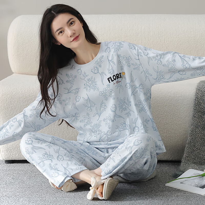 芬腾睡衣女纯棉秋新款优雅花卉套头休闲外穿长袖家居服套装 浅蓝 M