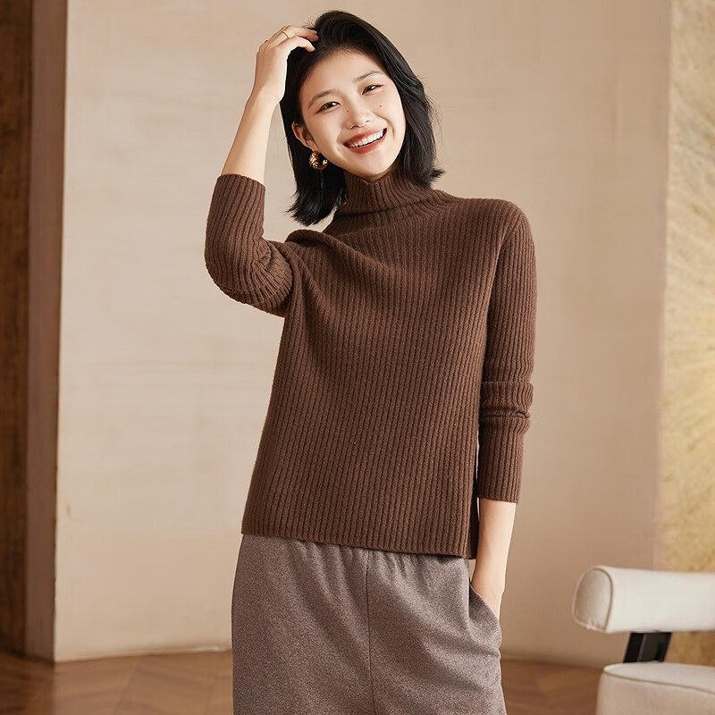恒源祥【羊毛+羊绒】无缝针织衫上衣高领羊毛衫女装秋冬纯色保暖毛衣女 咖色 S /160/84A