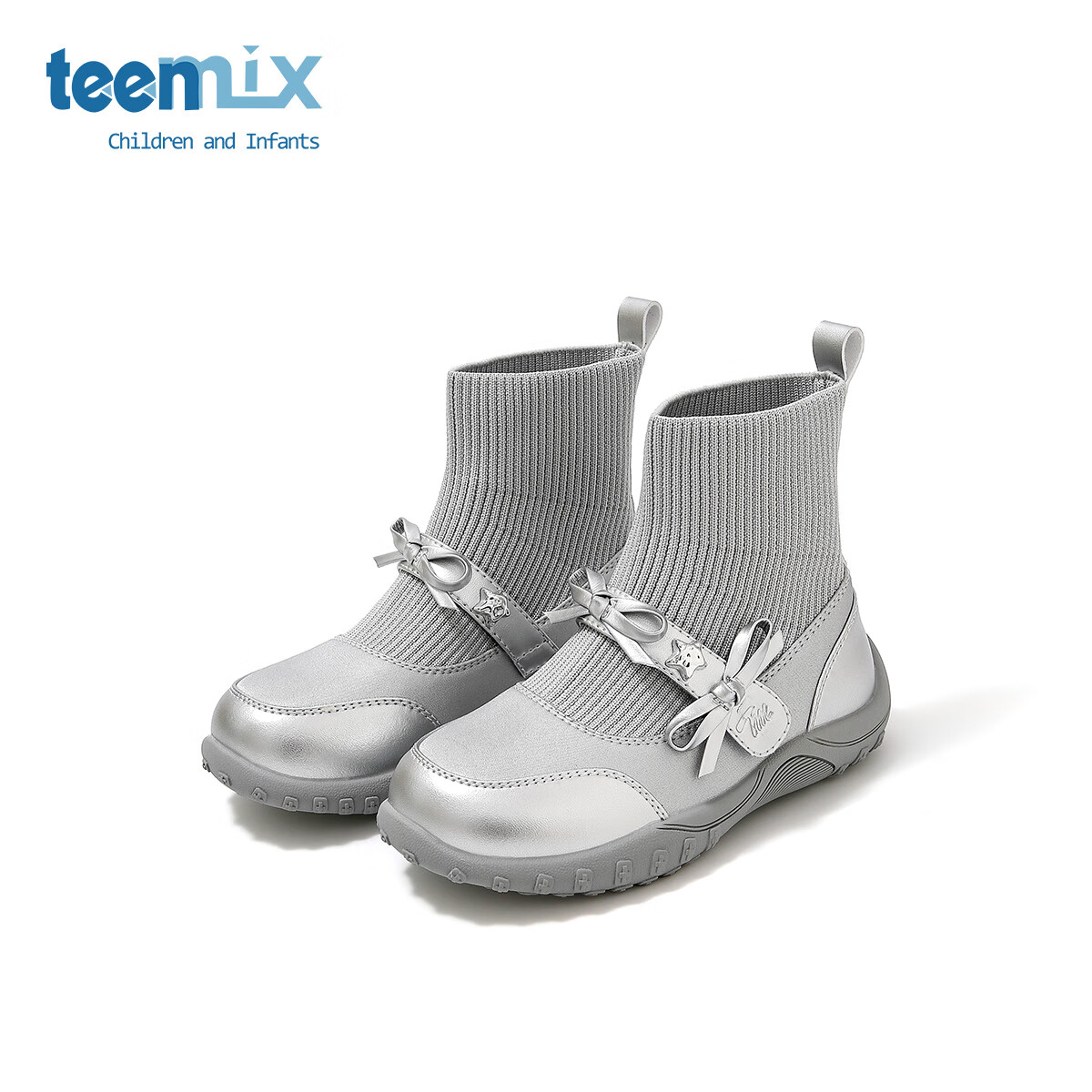 天美意天美意童鞋2025年春秋新款小女孩蝴蝶结公主靴女童百搭中大童袜靴 银色 30
