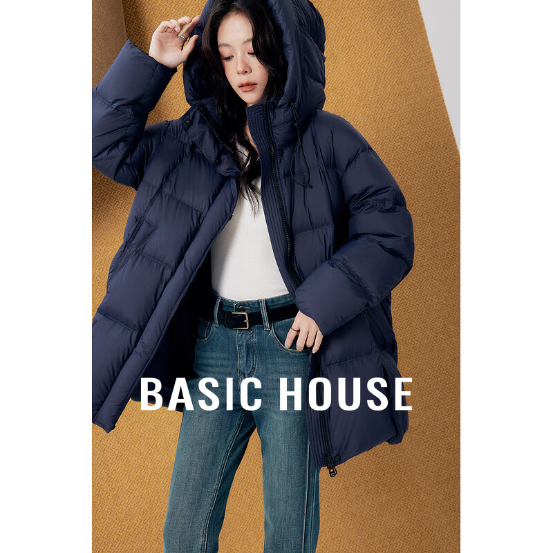 Basic House/百家好冬季新款纯色简约气质感轻薄保暖连帽羽绒服女 藏青 M