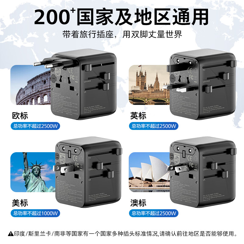 飞利浦(PHILIPS)全球通用旅行转换插头插座转换器英国新加坡香港欧洲多功能 【黑色】45W手机快充 双AC旅行转换插头 SPN1617B/93