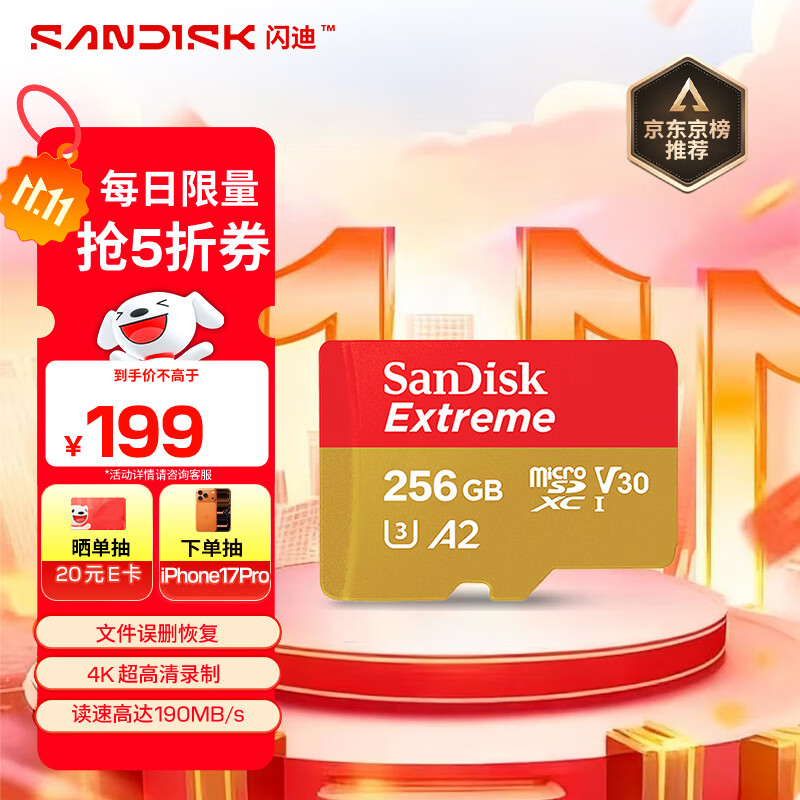 闪迪（SanDisk）256GB TF(MicroSD)内存卡 4K极速金卡A2 V30 U3行车记录仪 运动相机无人机 监控存储卡 读190MB/s
