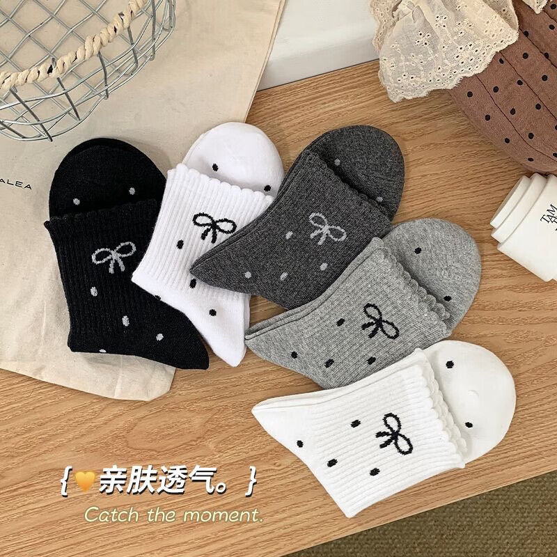 袜子女花边波点袜子女棉袜中筒袜秋冬新款灰色长袜 5双装