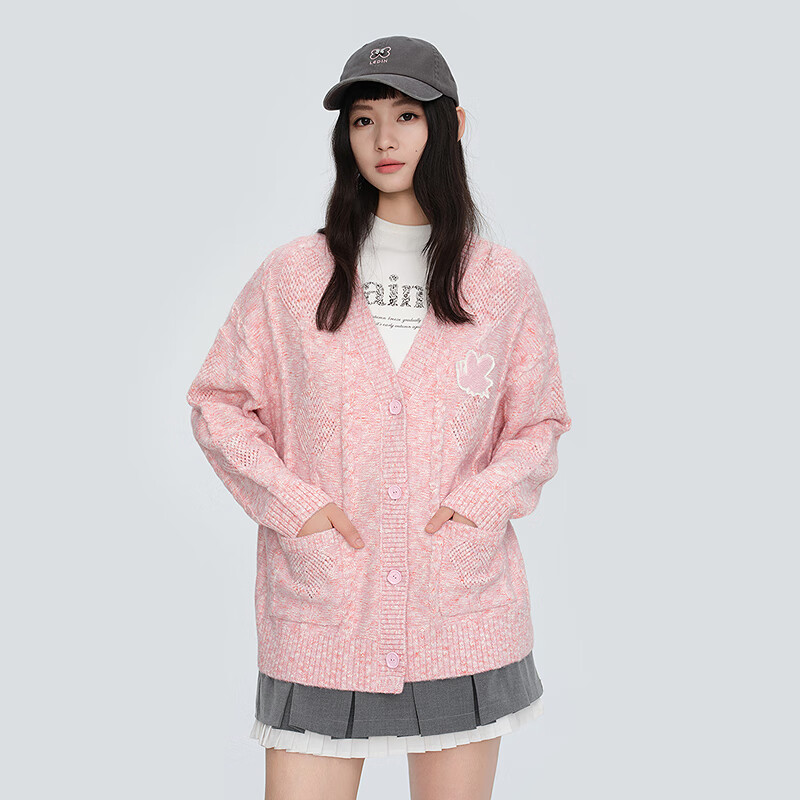 乐町复古绞花宽松针织开衫粉色V领精致蜜蜂开衫外套 粉色(现货) M