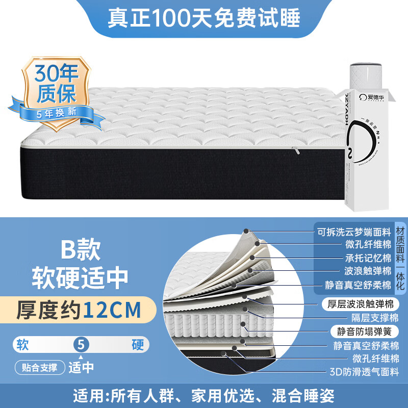 爱德华15%补贴可拆洗独立弹簧床垫双人护脊乳胶记忆棉卧室家用席梦思 适中B款【软硬适中-可拆洗】全家适用=12CM厚 0.9*2.0米(拆包即用-无异味)-次日发