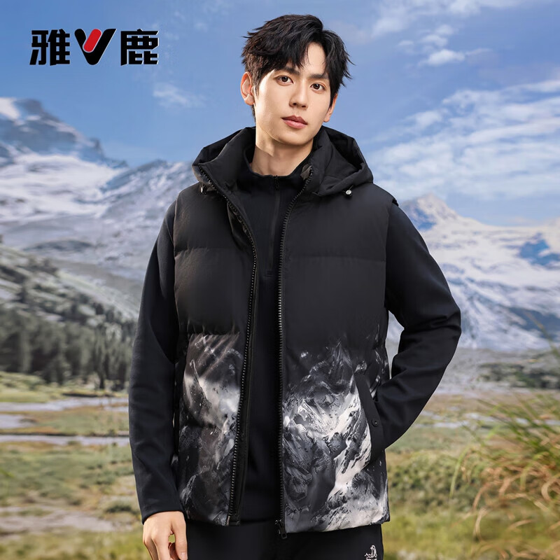 雅鹿羽绒服马甲男士2025秋冬季短款时尚连帽背心宽松休闲保暖坎肩外套 泼墨雪山 XL (180)