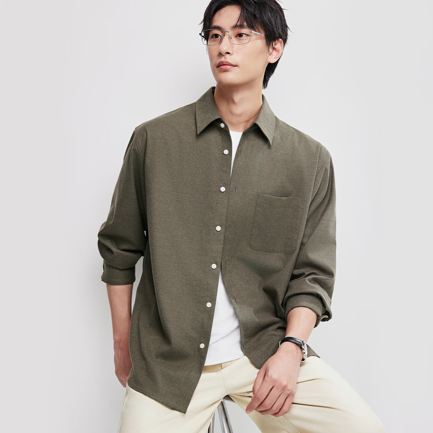 棉先生高级感正肩磨毛长袖衬衫男 秋季易打理通勤休闲男士衬衣 甘草绿 3XL