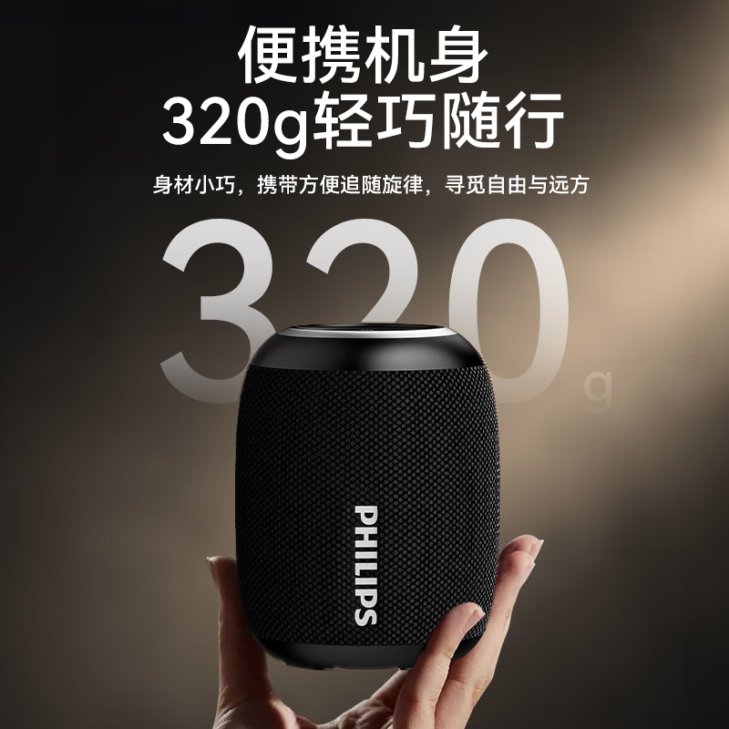 飞利浦(PHILIPS)蓝牙音箱迷你小音箱 户外音响防水低音炮迷你大音量车载骑行重低音 曜石黑低音炮蓝牙5.3