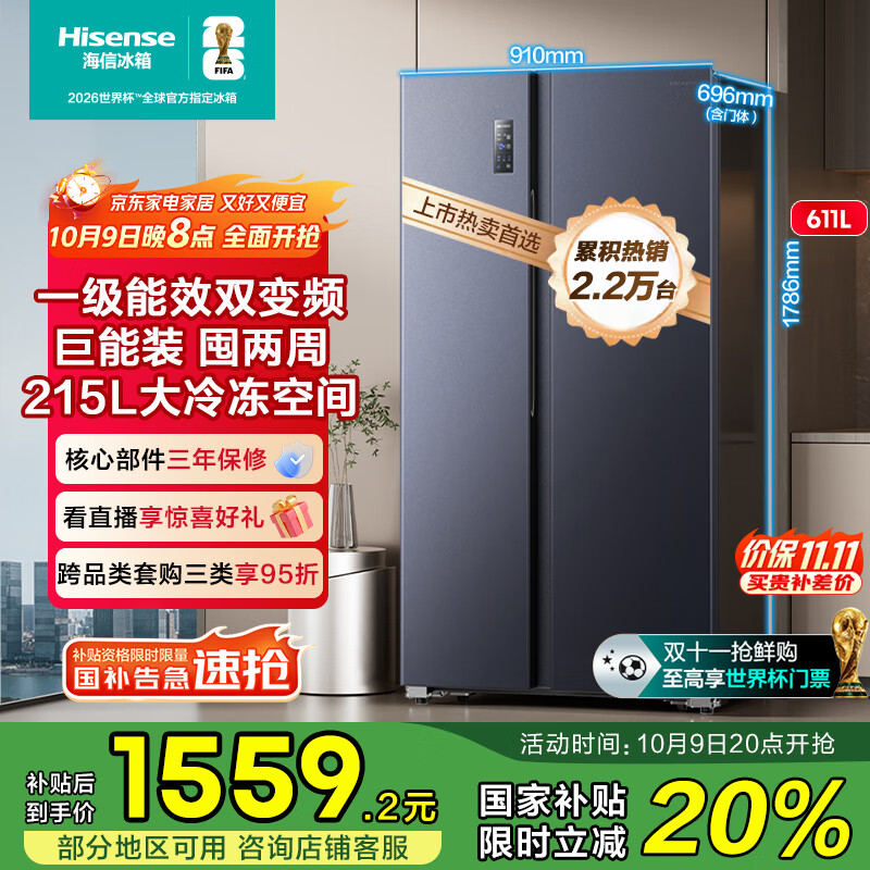 海信冰箱双开门冰箱一级节能无霜超薄冰箱大容量611升变频电冰箱家电国家补贴20%换新BCD-611WFK1DPQ