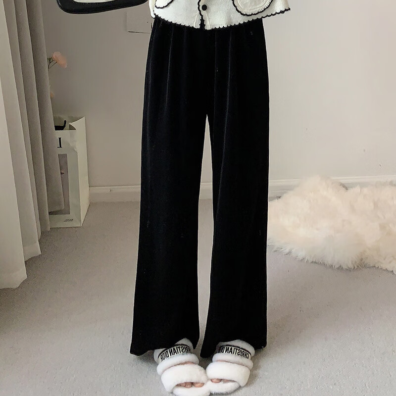 阿玛施AMASS哥弟适用黑色丝绒直筒裤女春秋百搭显瘦显腿长垂顺休闲长裤拖地裤 黑色 L