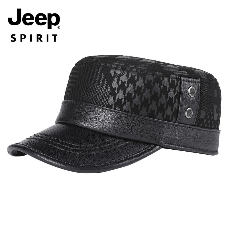 吉普（JEEP）美式高端中老年秋冬季真皮帽子男羊皮印花全封口平顶帽休闲鸭舌帽 黑色【无护耳】 L【适合55-56cm】