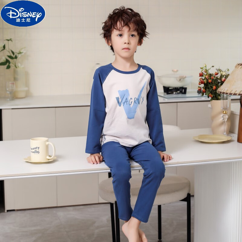 迪士尼（Disney）宝宝秋衣套装纯棉儿童内衣无骨睡衣女童棉毛衫秋冬季男童秋衣秋裤 深蓝色V 90 cm 建议身高80-90cm