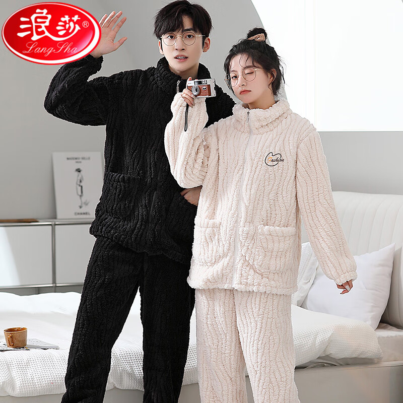 浪莎(LangSha)夫妻情侣长袖珊瑚绒家居服冬季男女可外穿本命年红色睡衣套装 单女 L 建议女100-120斤,男105-135斤