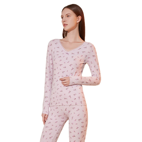 頂瓜瓜頂呱呱秋衣秋褲女棉質(zhì)印花薄款保暖內(nèi)衣女大碼棉毛衫疏影紫175