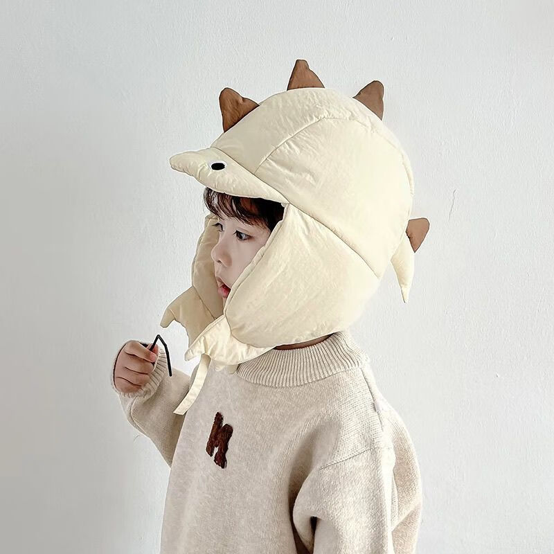 迪士尼（Disney）儿童帽子冬款保暖加绒可爱卡通恐龙护耳帽男女宝宝防风毛绒雷锋帽 米色卡扣恐龙 帽围49-53/参考年龄3-8岁