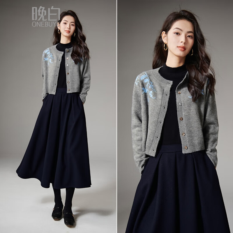 晚白【新品】2026春款气质百搭格雷灰外套圆领时尚短针织开衫女 灰色 L