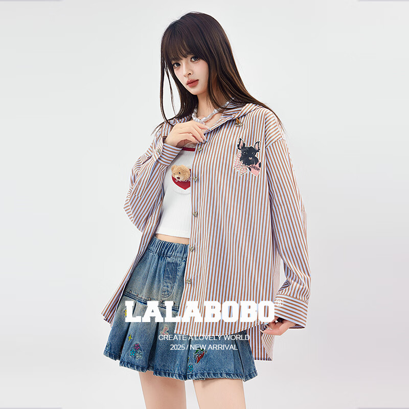 拉拉波波【商场同款】LALABOBO25年衬衫夏新款女原创潮牌条纹长袖印花上衣 咖色 S
