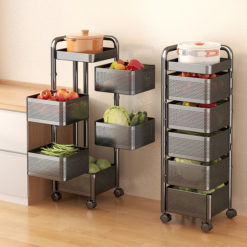 四季沐歌厨房蔬菜置物架落地旋转置物架零食收纳架客厅储物架菜篮子小推车 5层黑【带磁吸】免安装-带扶手