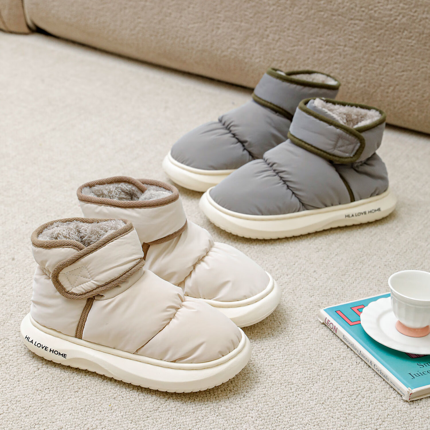 海澜之家（HLA）高帮棉鞋男士冬季居家居防滑厚底保暖情侣魔术贴毛绒包根棉拖鞋女 灰色 44-45 【适合43-44码】