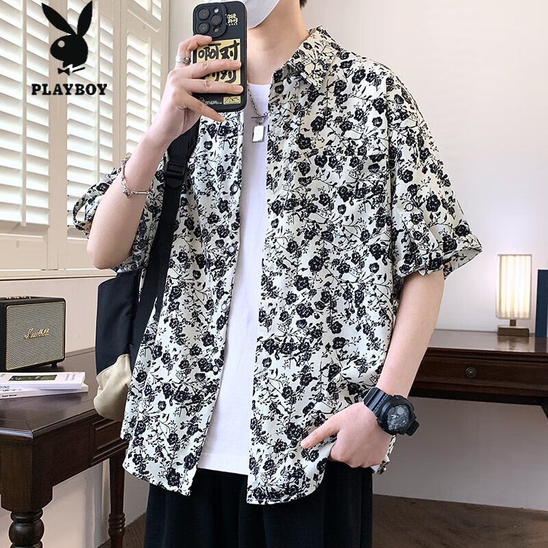夏季冰丝垂坠感高端花衬衫短袖男痞帅感日韩风格