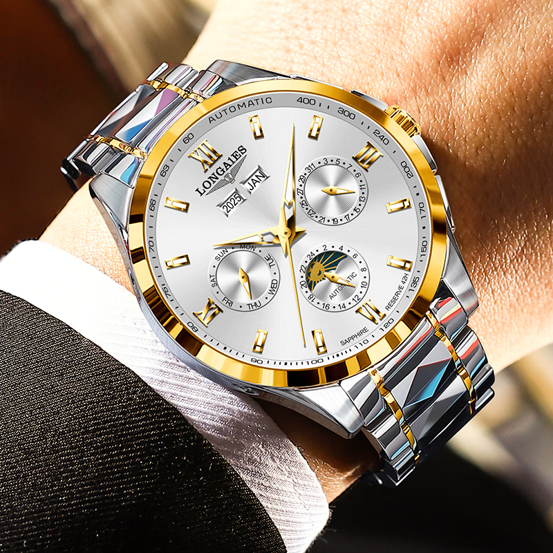 LONGAIES瑞士手表品牌十大名表男款月相陀飞轮手表男士全自动机械表男表 月相款【升级版】本色白面
