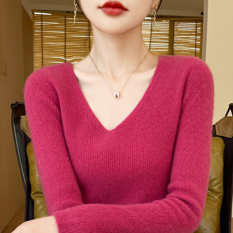 香影纯女装新款2025纯色V领针织衫女秋冬修身修身毛衣女百搭针织打底衫 米色 S (建议95斤以内)