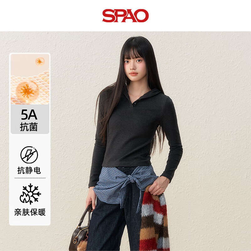 SPAO德绒V领连帽打底衫男女2025年冬季修身软糯亲肤上衣SPCX25AD03XY 深麻灰#纯色 M